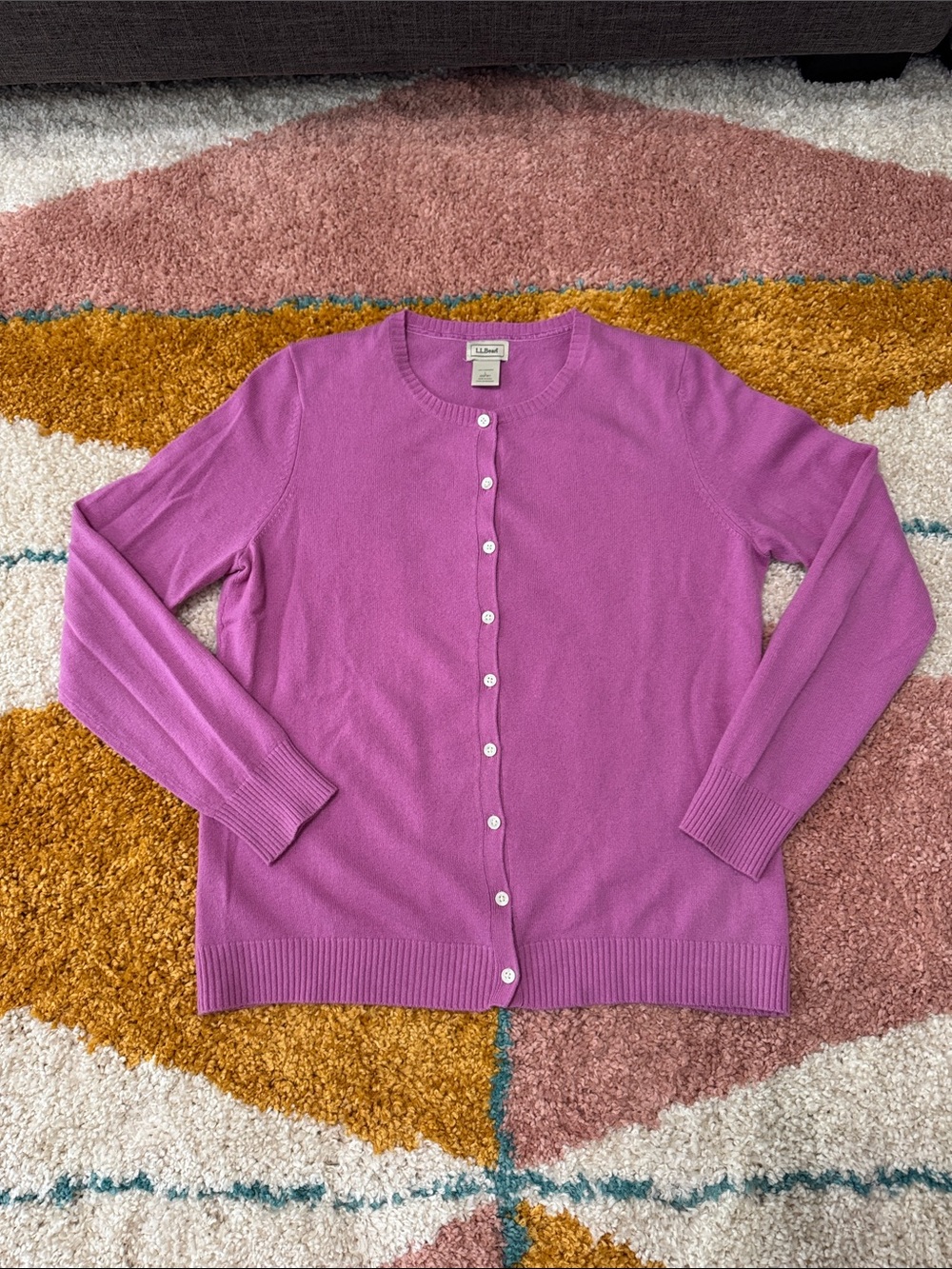 L.L.Bean 100% Cashmere Orchid Pink Button Front Cardigan Large